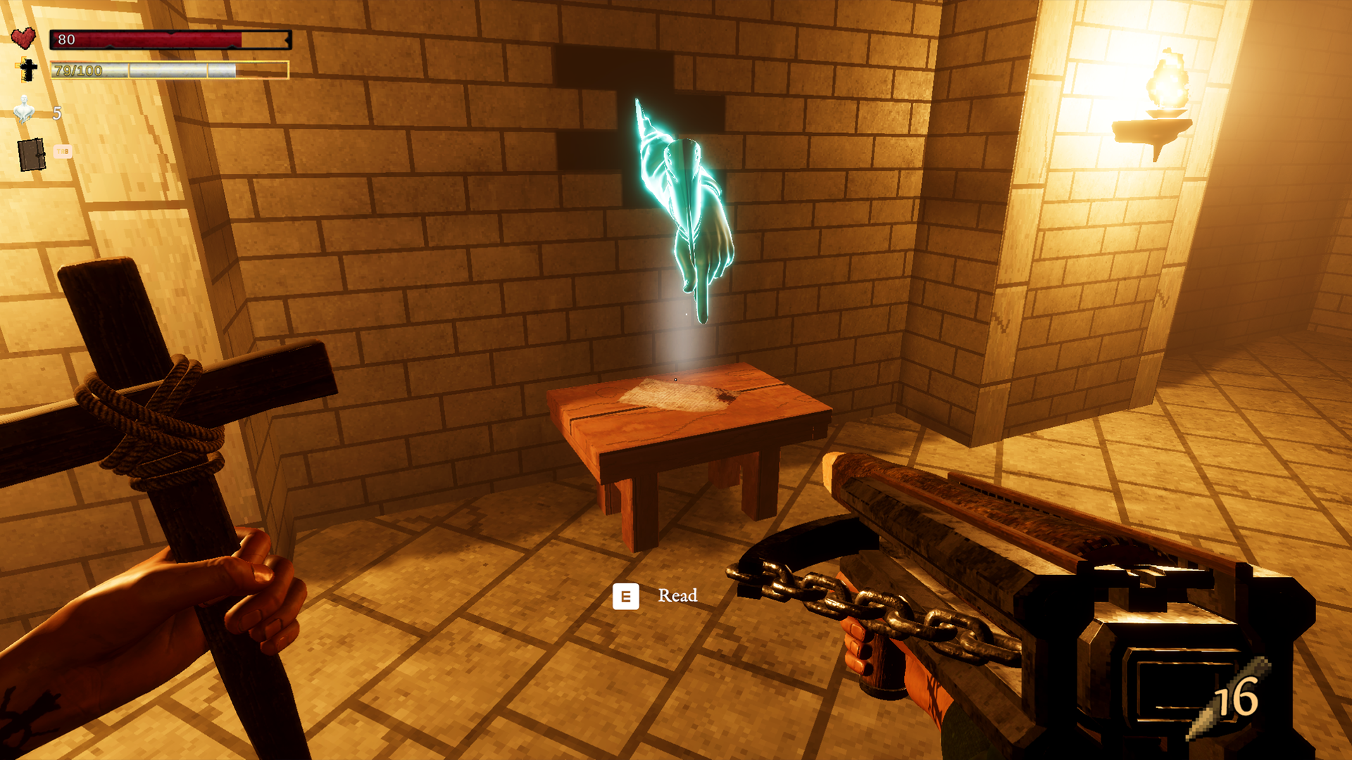 A glowing spectral hand pointing toward a table