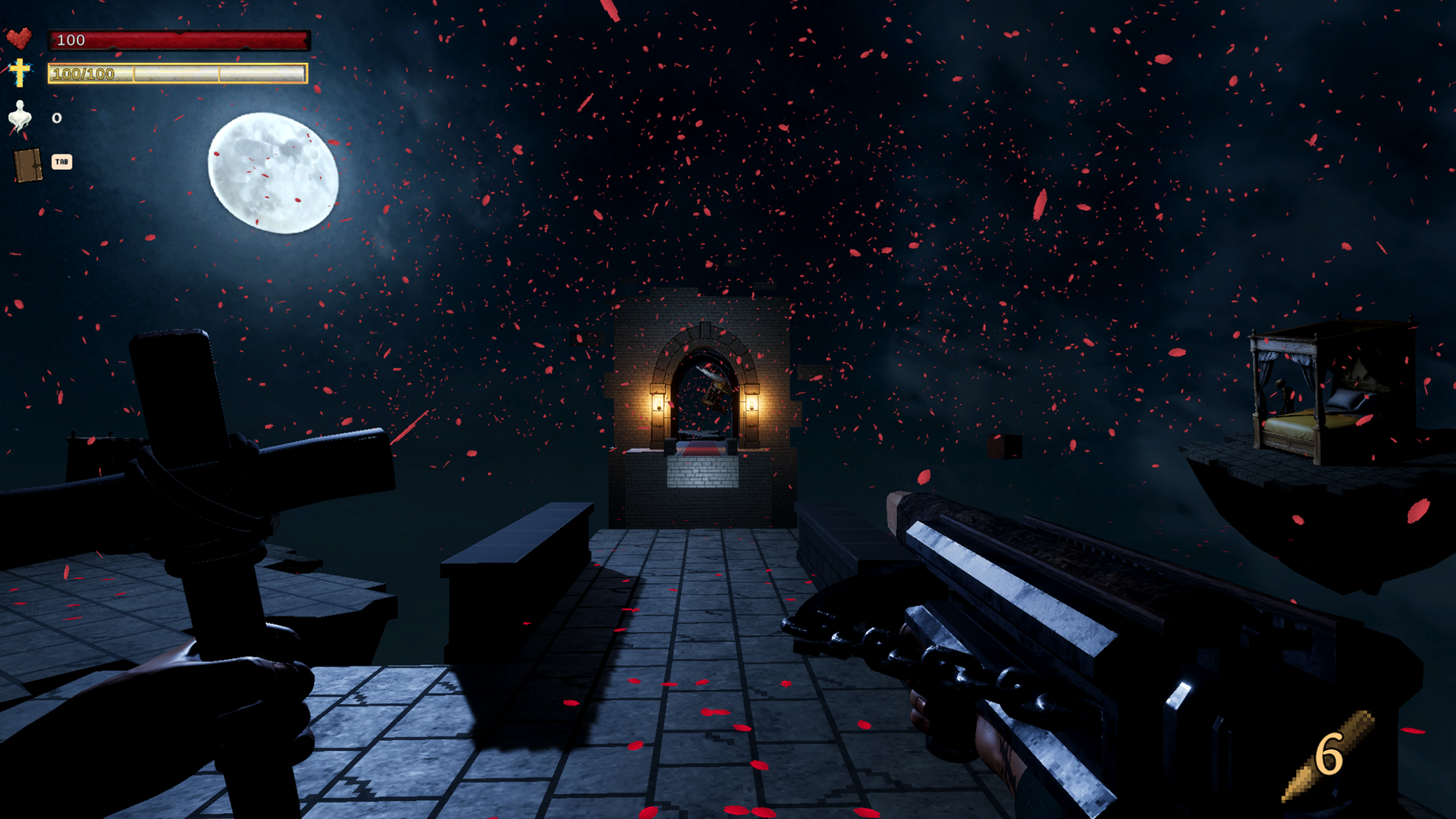 A moonlit rooftop chamber with red petals drifting in the air