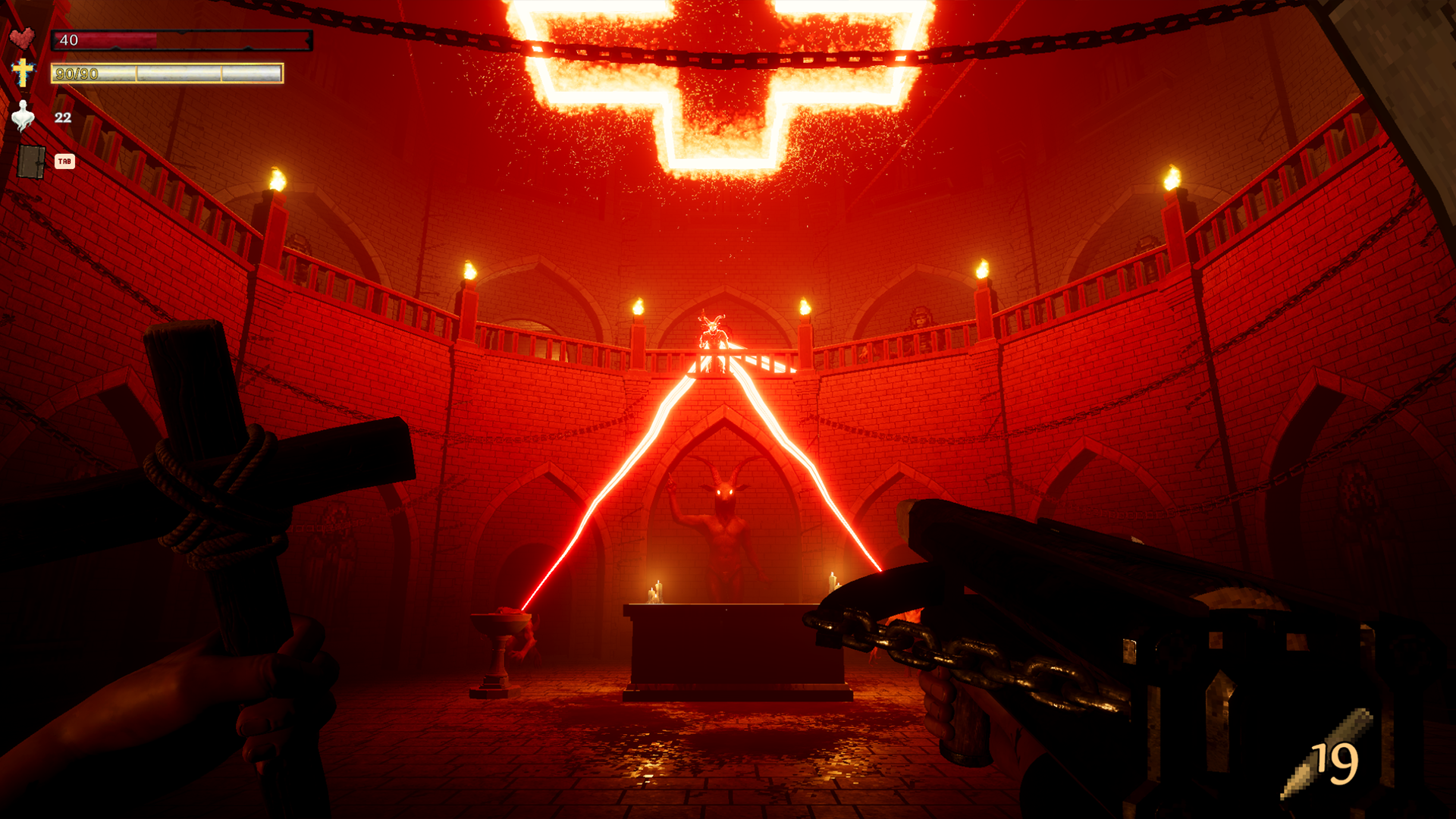 A red-lit chapel with a horned figure and a burning inverted cross