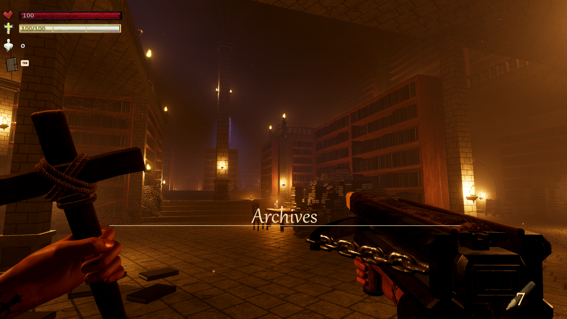 A vast, foggy library titled The Archives