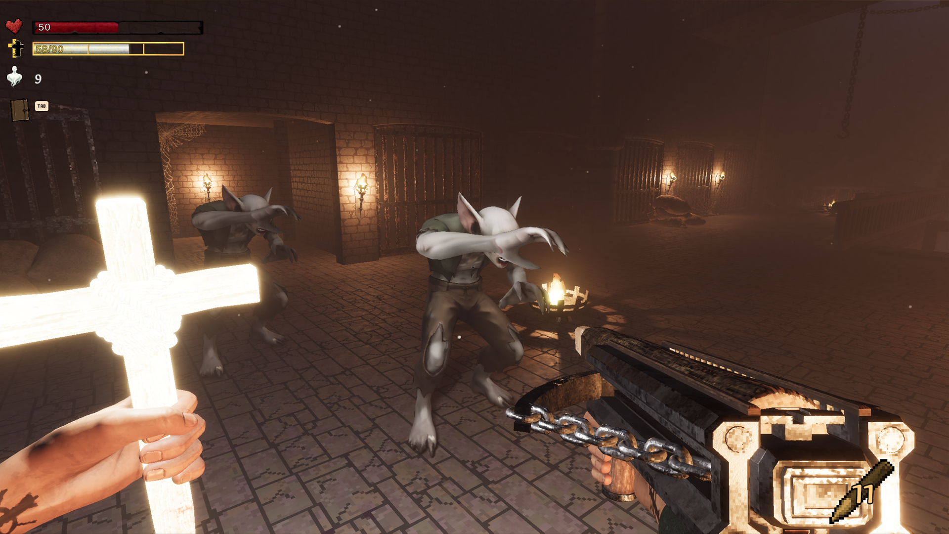 Two feral, pale vampire creatures recoiling from a glowing cross