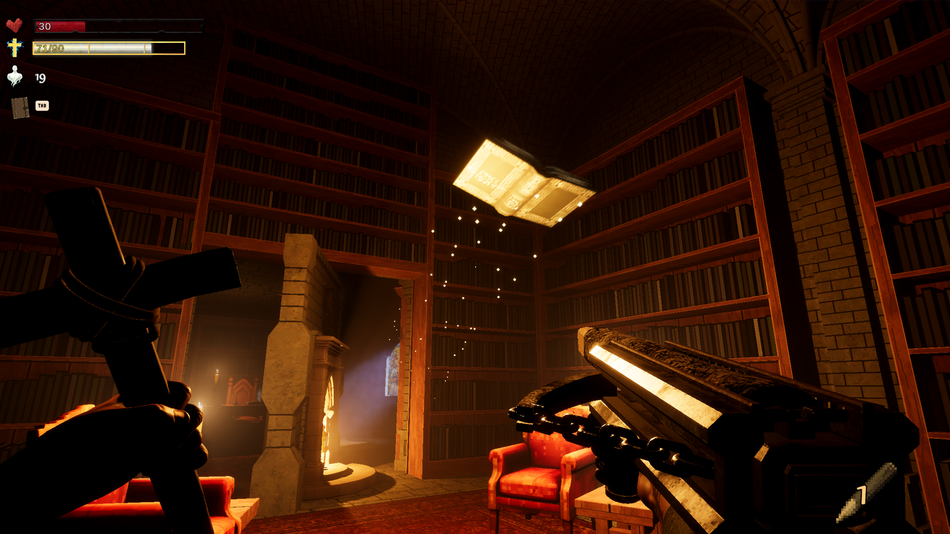 A glowing book floating in a library