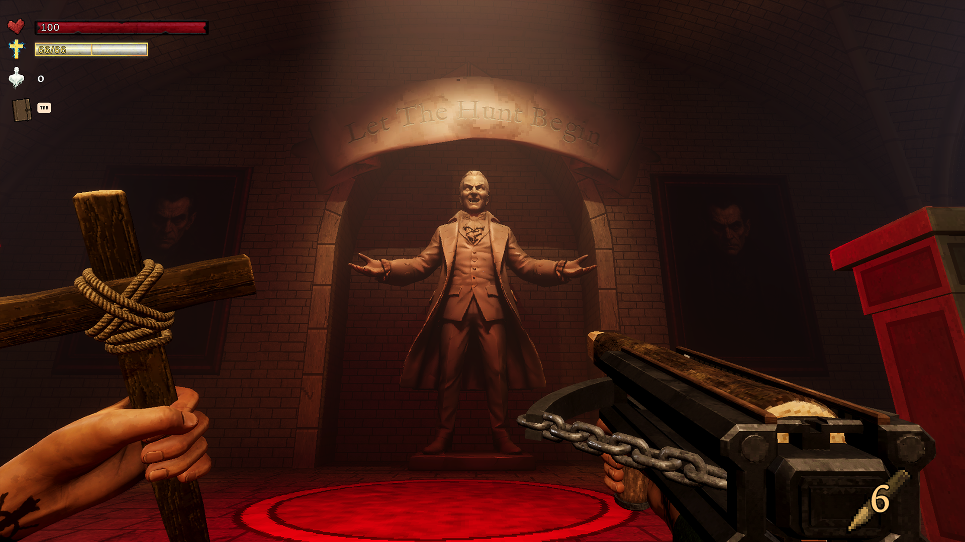 A vampire statue with arms spread beneath the words Let The Hunt Begin