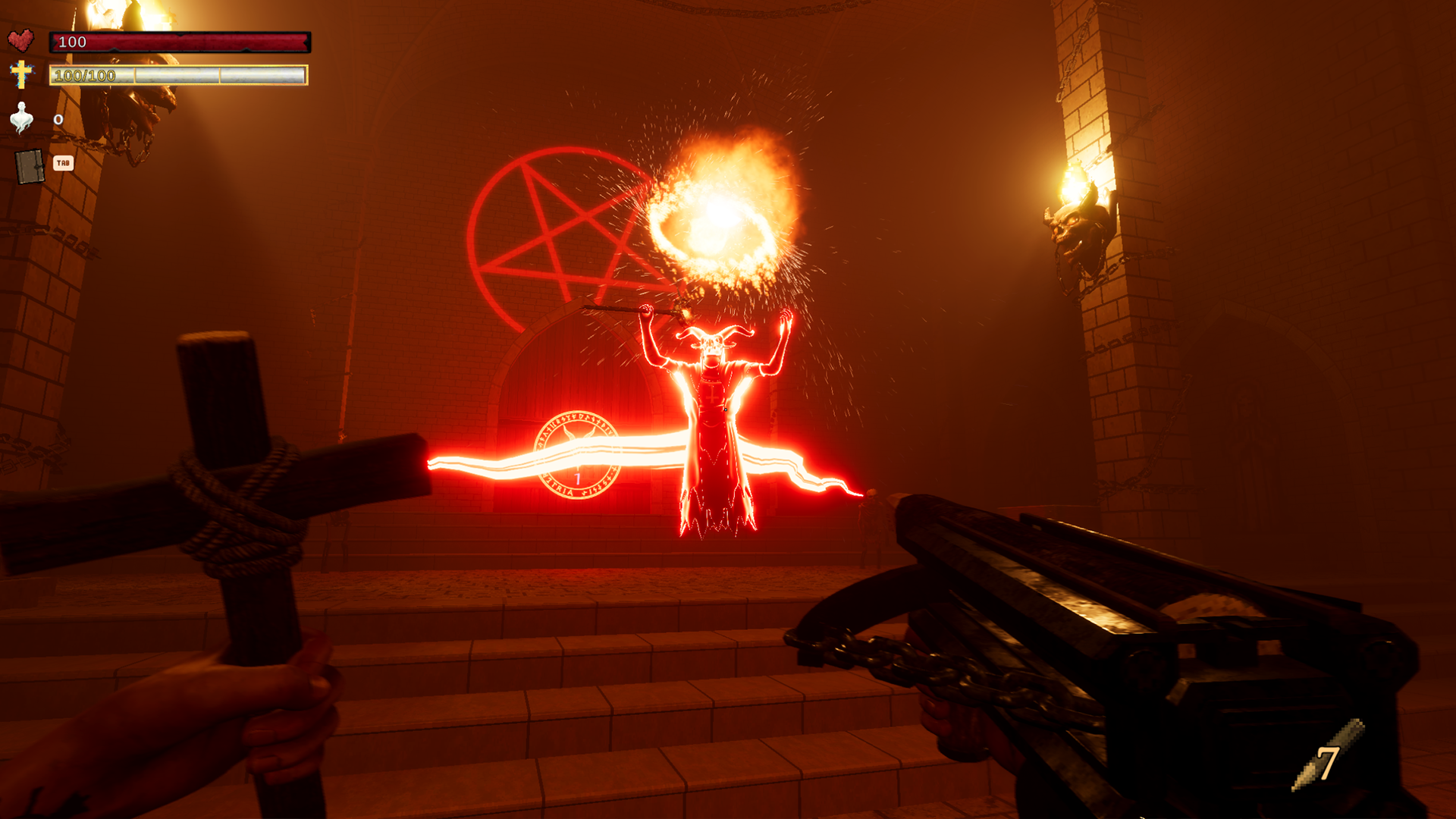 A robed figure summoning fire before a pentagram