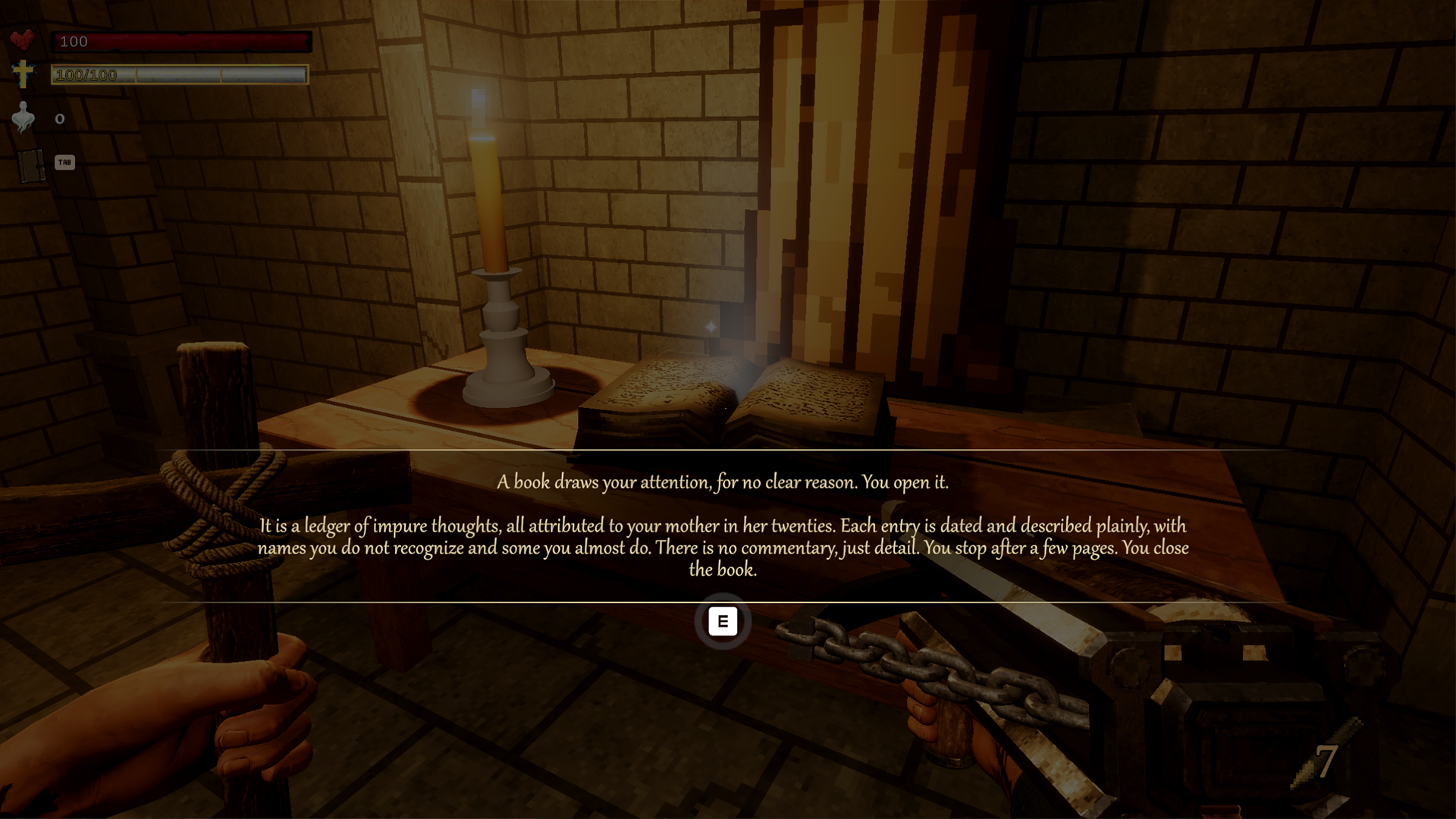 An open ledger on a table with unsettling narration