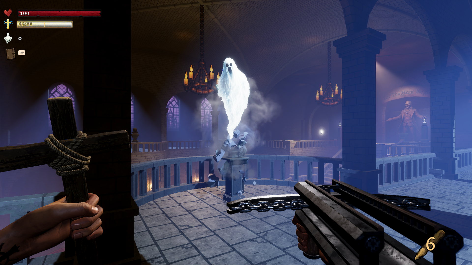 A ghost rising from a shattered bust