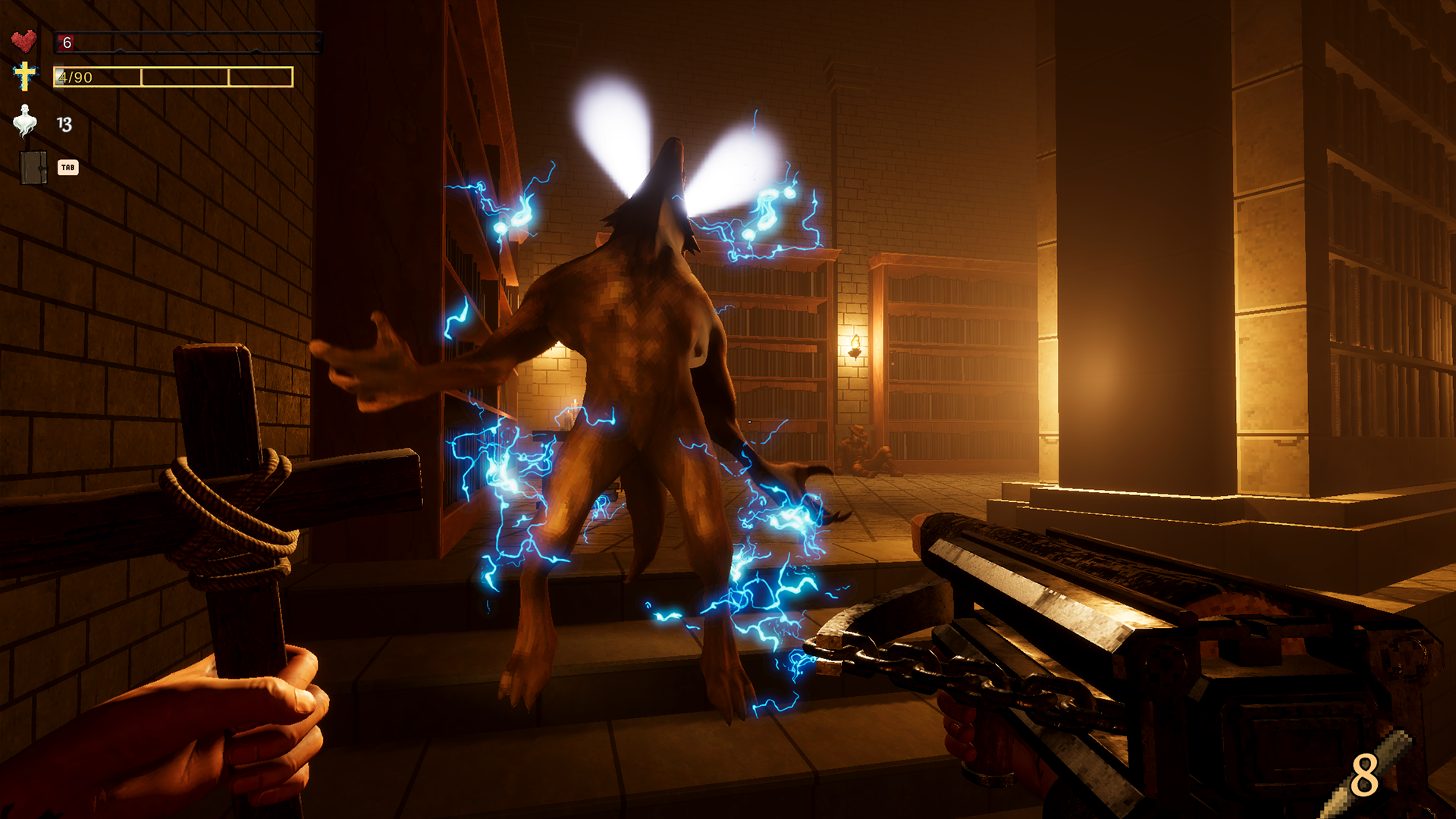 A werewolf stunned by crackling blue lightning