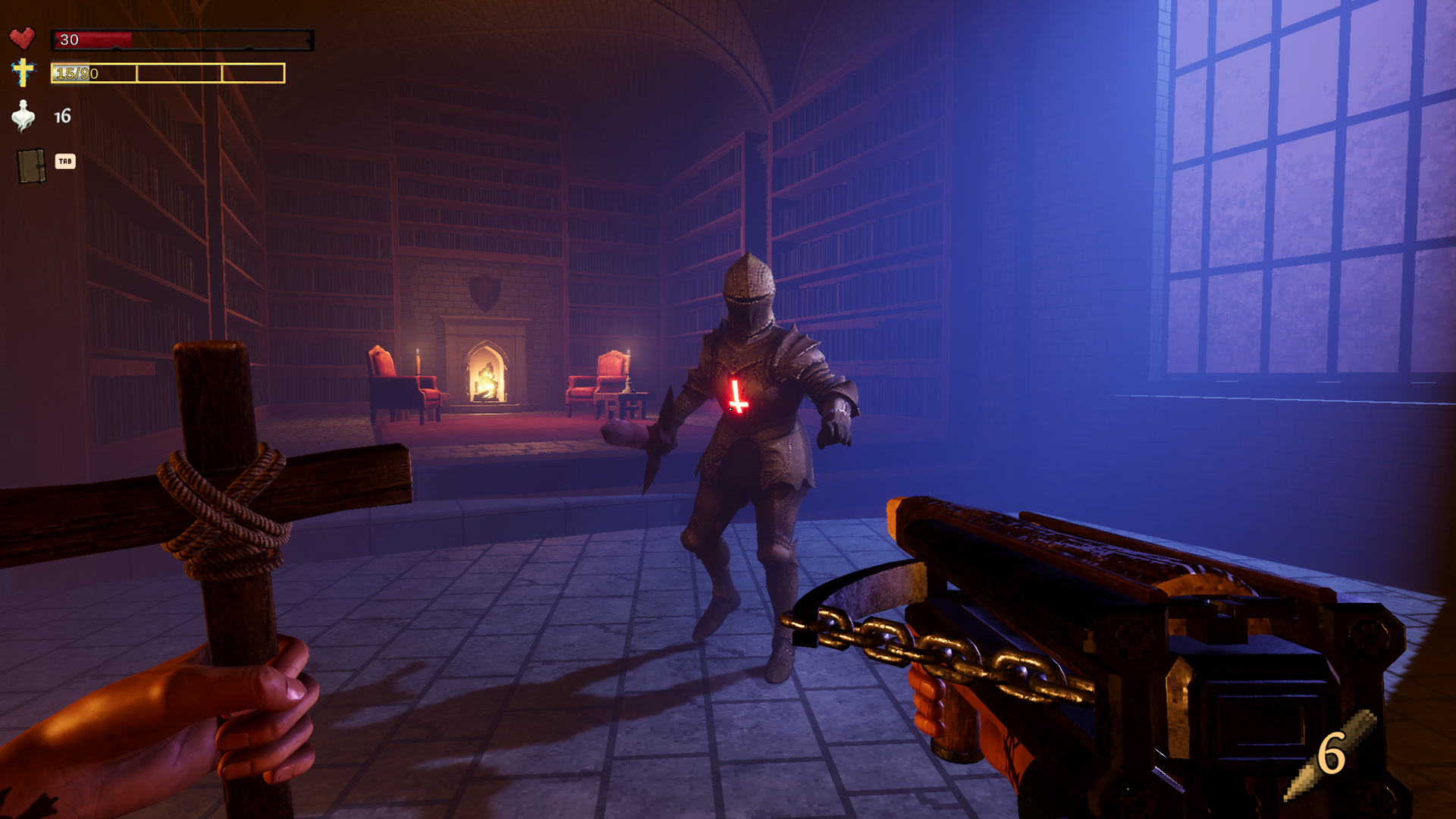 An animated suit of armor with a glowing inverted cross